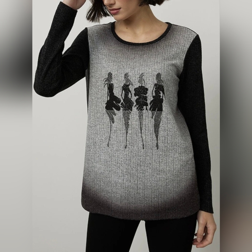 Joseph Ribkoff Ombre Rhinestone Knit Sweater Black/Grey Size 8